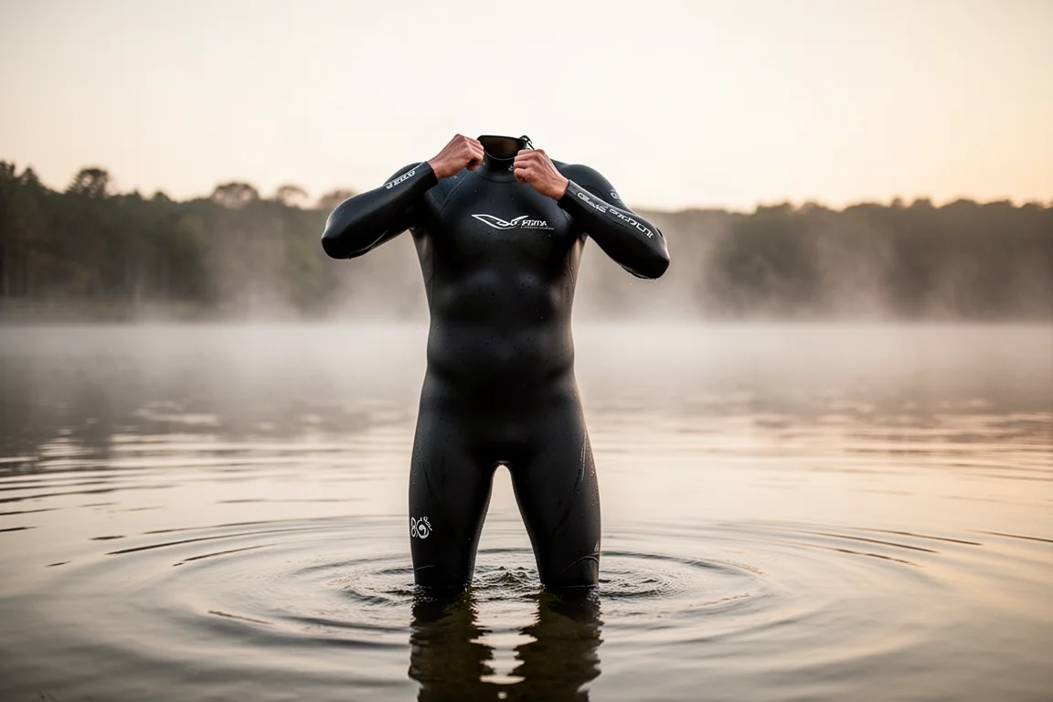 Triatleet in een zwart wetsuit die bij zonsopgang in een meer staat