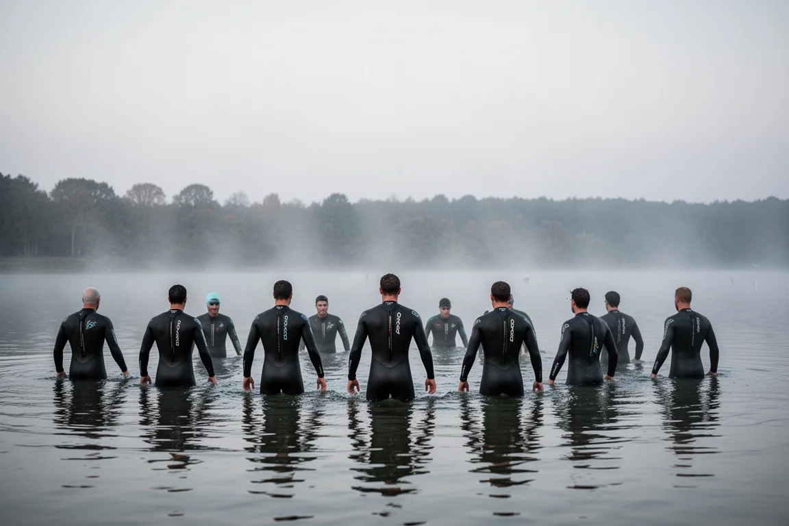 Triathlètes en combinaisons noires debout dans un lac calme aux premières lueurs du jour