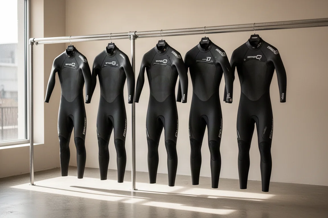 Rangée de combinaisons de triathlon noires suspendues sur un rail dans un espace d'essayage lumineux