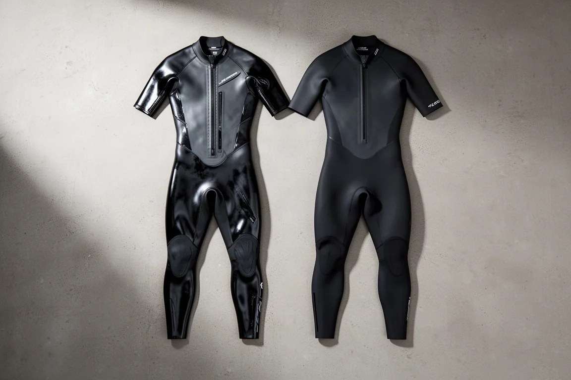 Two triathlon wetsuits laid flat side by side on a concrete surface