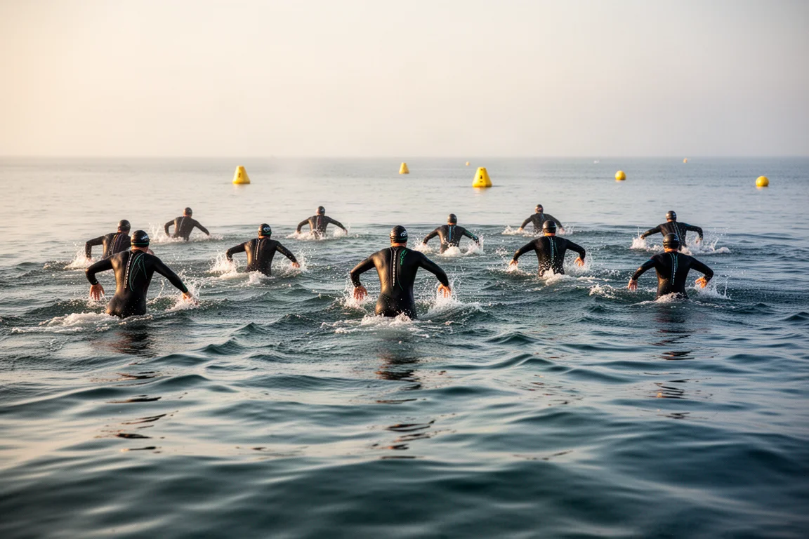 Freiwasserschwimmer überqueren bei Sonnenaufgang ein ruhiges Meer mit Bojen in der Ferne