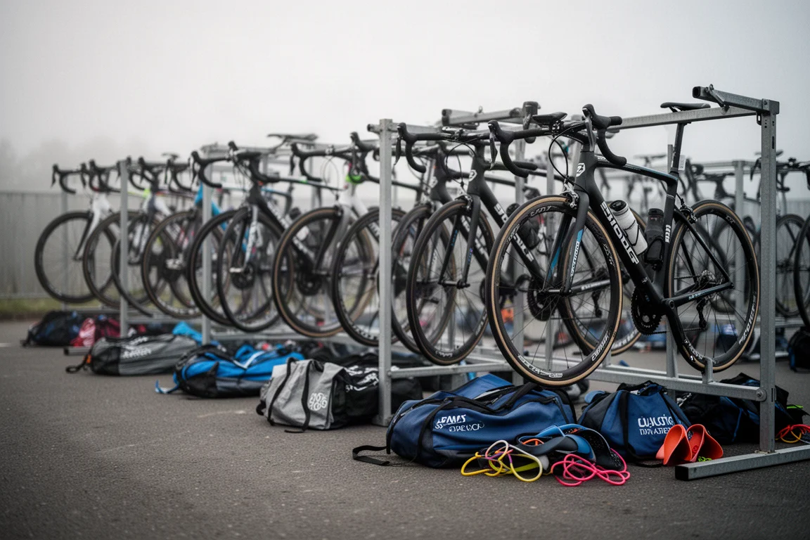 Wechselzone im Triathlon mit aufgereihten Rädern neben Neoprenanzügen und Sporttaschen