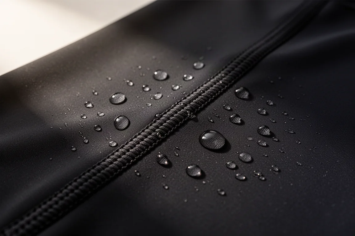Nahaufnahme eines glatten, hydrophoben technischen Schwimmstoffs mit sichtbaren Nähten