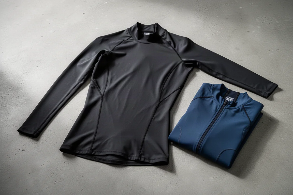 Swim skin nera con maniche stesa su cemento accanto a una tri suit blu piegata