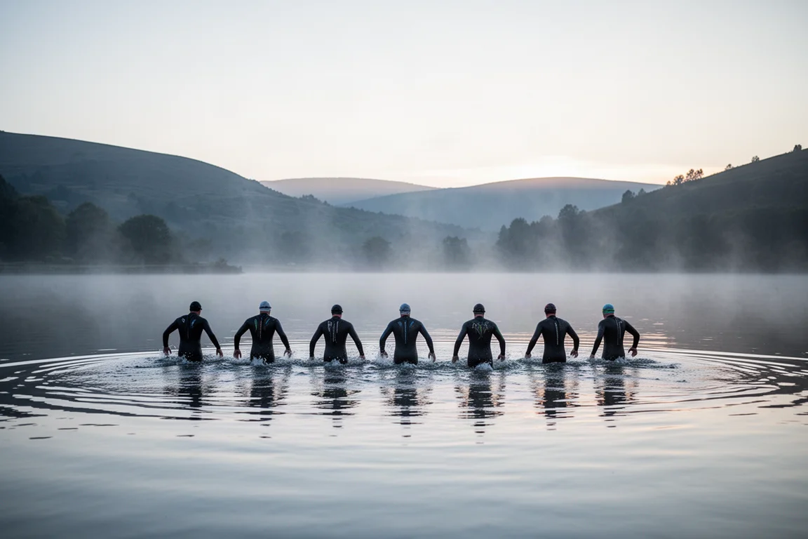 Open-Water-Schwimmer waten im Morgengrauen in einen nebligen See