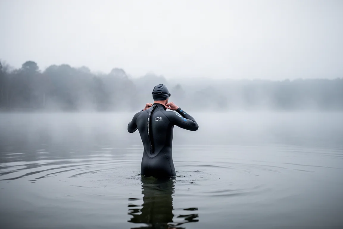Schwimmer steht hüfttief in einem See und richtet den Kragen des Neoprenanzugs