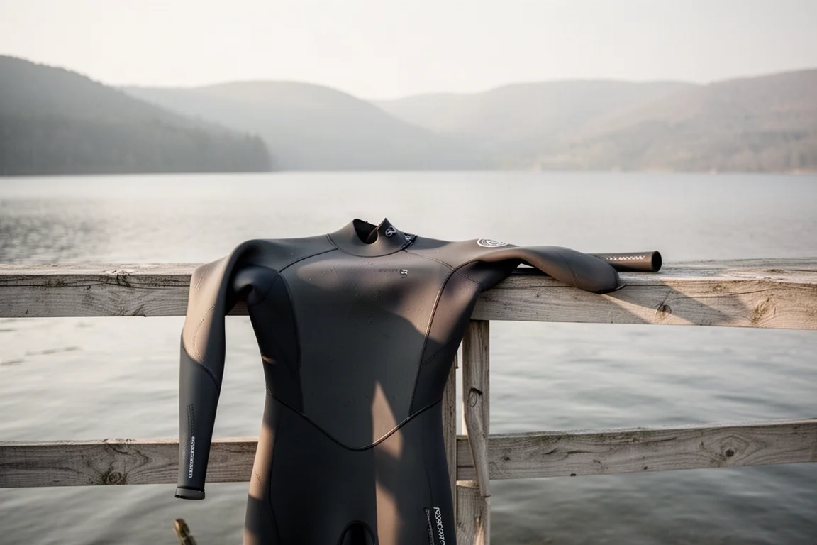 Neoprenanzug über einer verwitterten Holzreling neben einem See