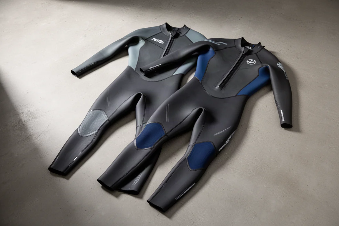 Twee openwater-zwemwetsuits in zwart en diepblauw plat op een betonnen oppervlak