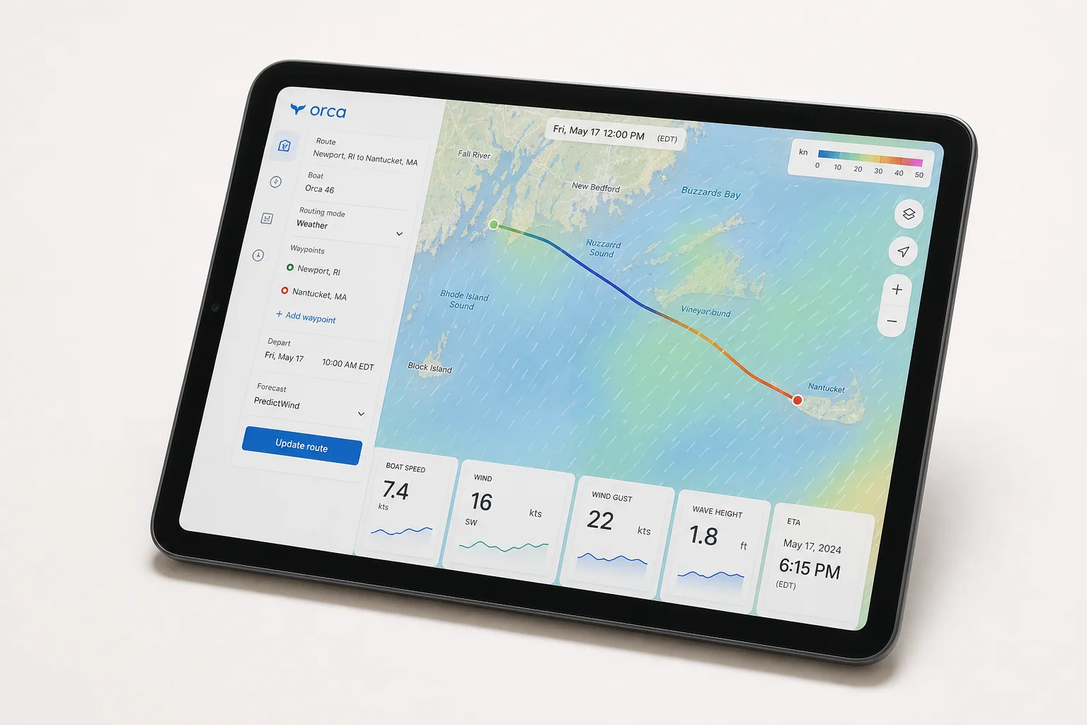 Tre dispositivi mobili che mostrano diverse interfacce di app per plotter nautici con carte marine
