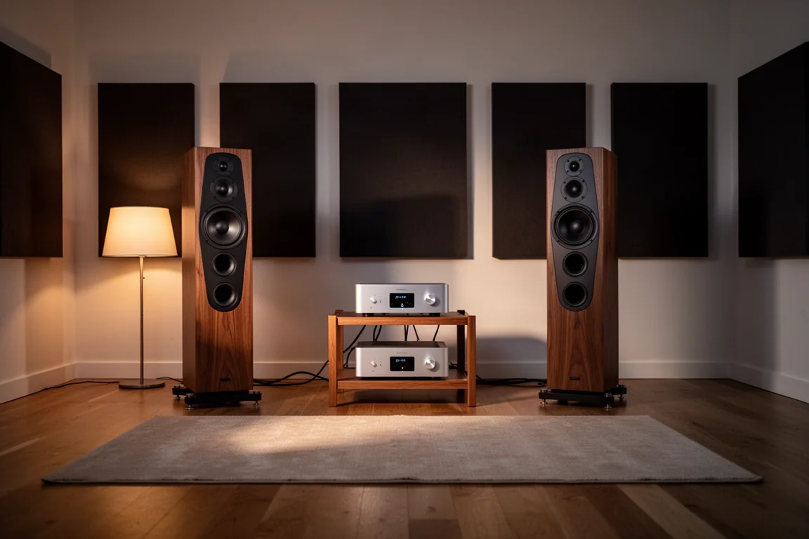 Listening room at dusk with floorstanding speakers and a low equipment rack
