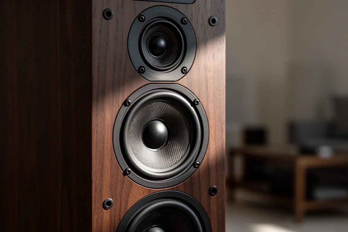 Close-up of a loudspeaker midrange driver and tweeter in a dark wood baffle