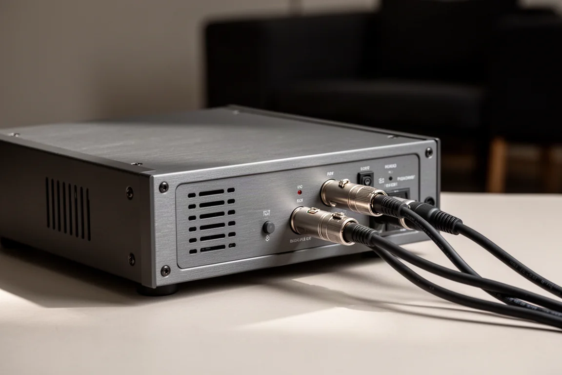 Rear panel of a compact amplifier with two balanced XLR cables connected