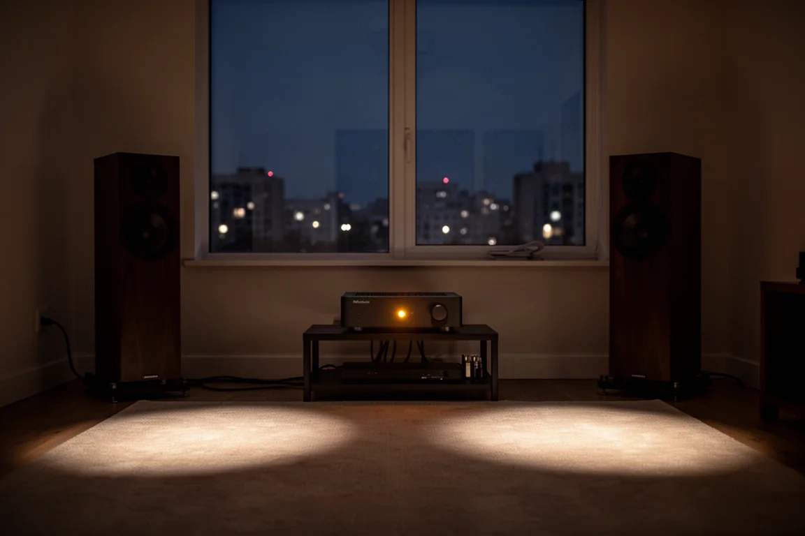 Dim late-night listening room with floorstanding speakers and warm lamplight