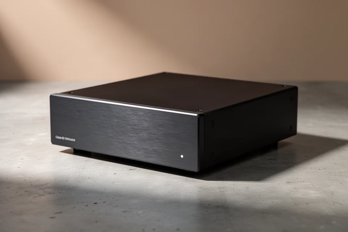 Compact dark aluminium Class D power amplifier on a matte concrete surface