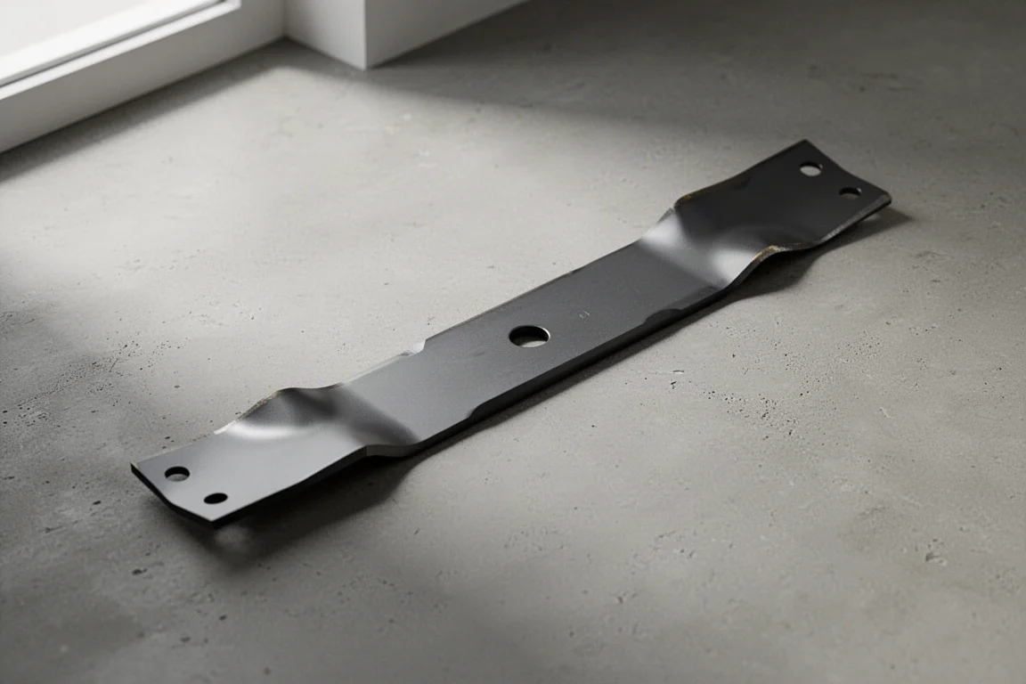 18-inch steel lawn mower blade laid on a concrete surface
