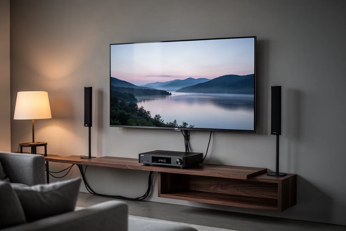 Woonkamer in de schemering met een wandgemonteerde televisie en een compacte zwarte AV-processor op een plank