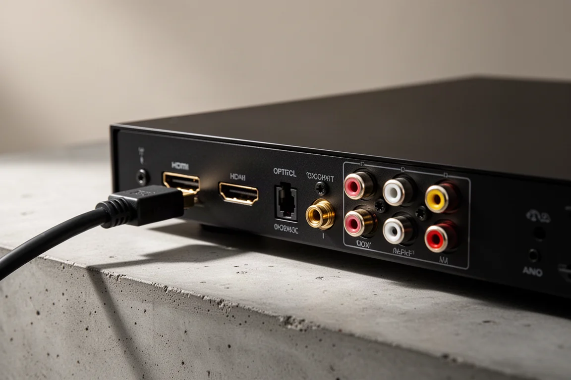 Close-up van de aansluitingen aan de achterzijde van een zwarte AV-processor met een deels ingestoken HDMI-kabel