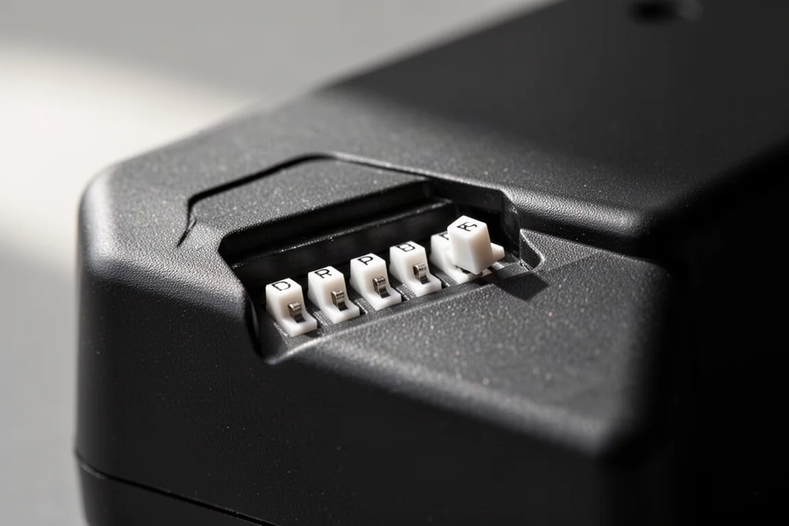 Macro-opname van kleine witte DIP-schakelaars aan de onderzijde van een zwarte elektronische behuizing