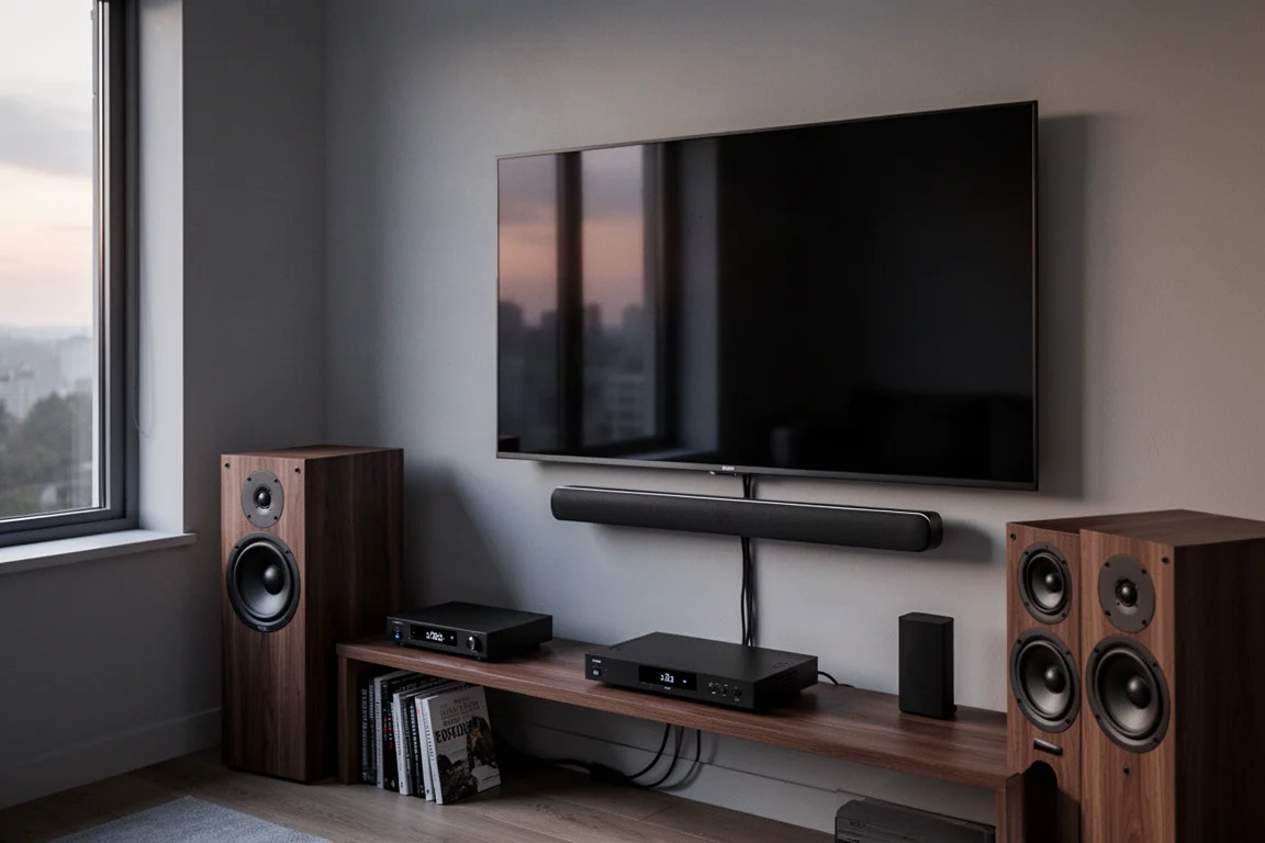 Thuisbioscoophoek met een grote televisie, soundbar en kleine AV-processor op een plank