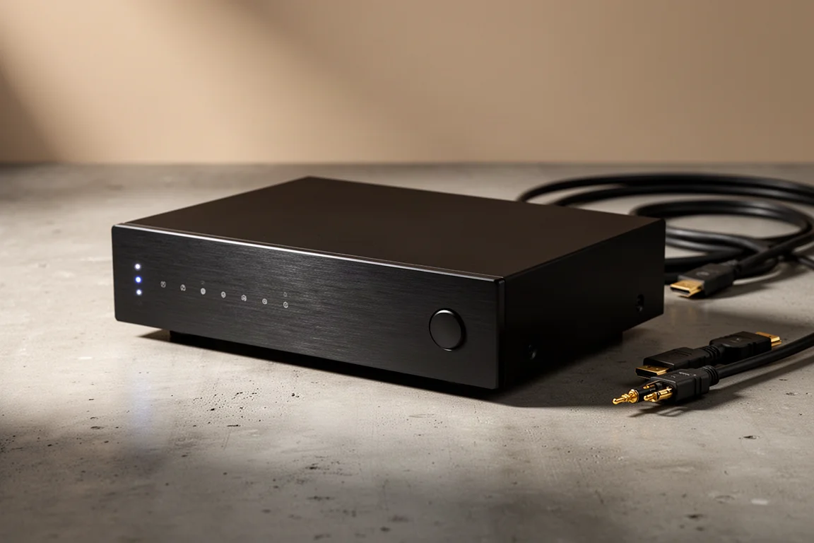 Slim black AV processor with front panel indicator LEDs on a matte concrete surface