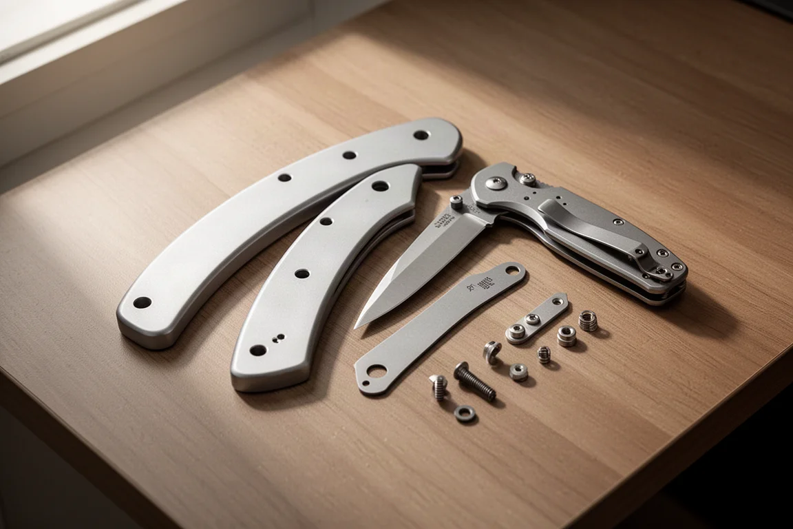 Custom thick aluminum knife scales laid out beside a disassembled folding knife
