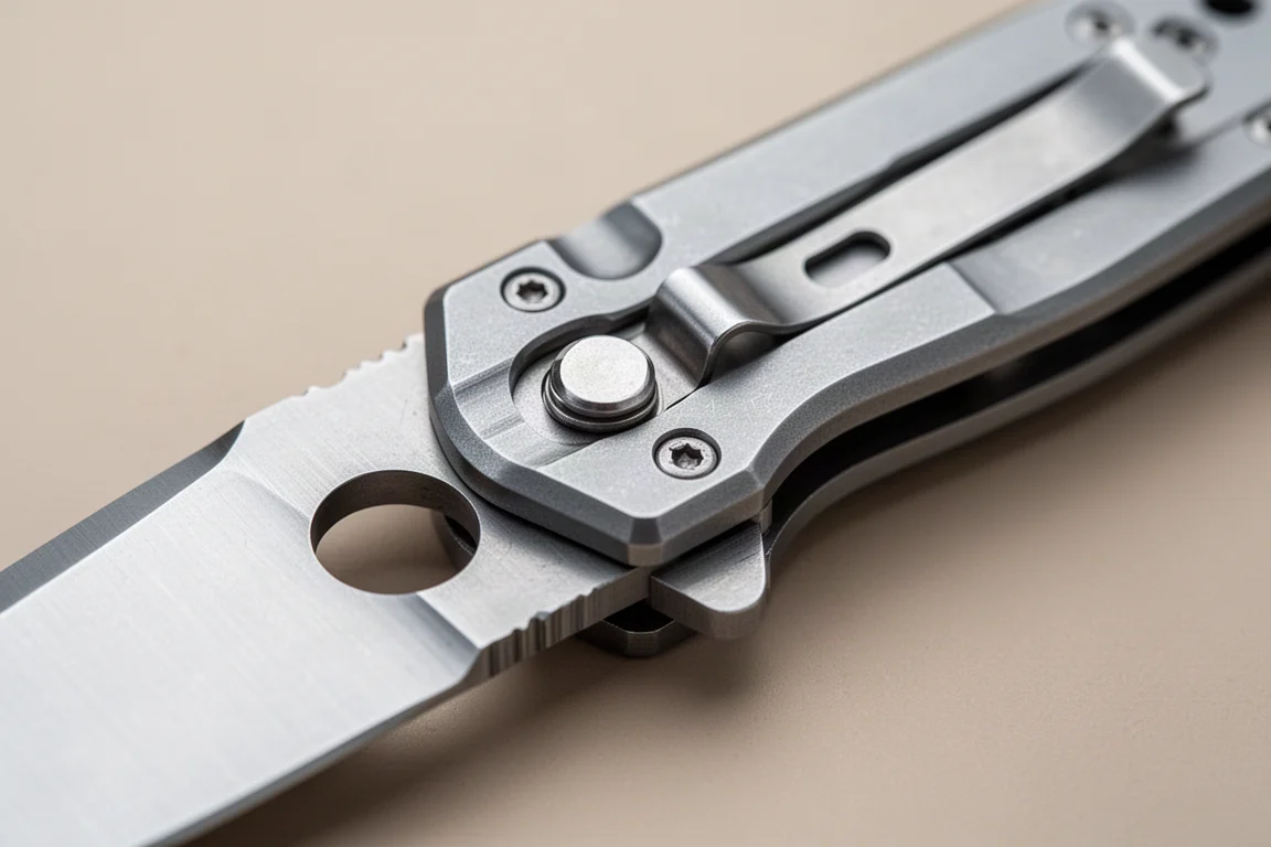 Close-up of a knife pivot and locking mechanism being aligned during assembly
