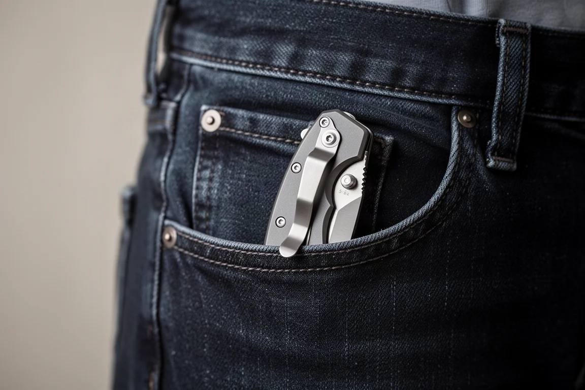 Folding knife clipped inside a denim jeans pocket riding deep and flush