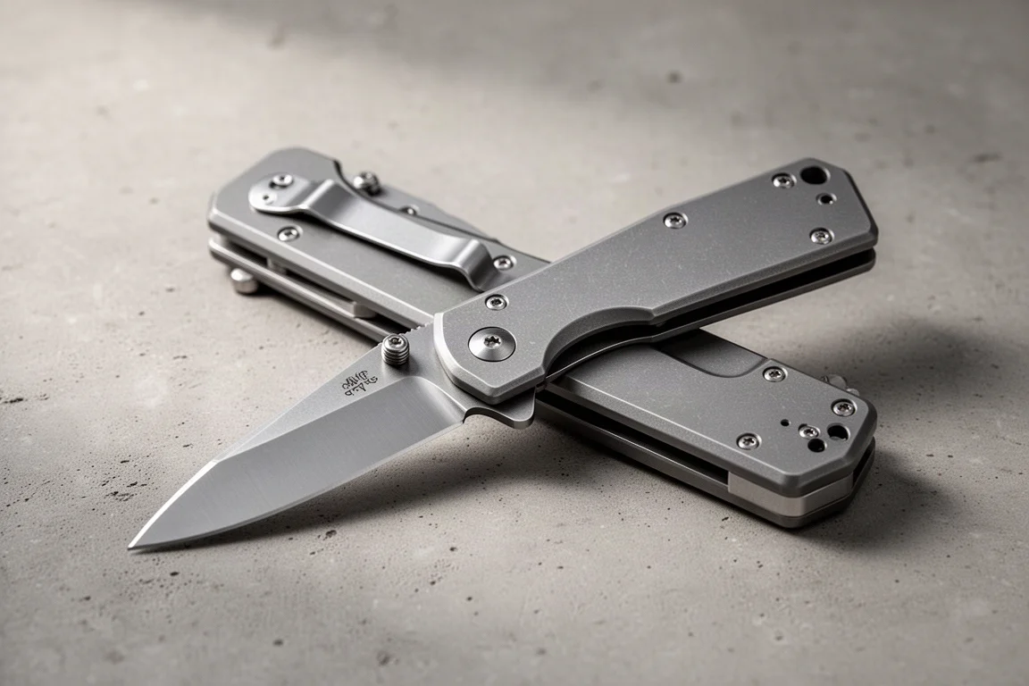 Folding knife with thick aluminum handle scales open on a concrete surface