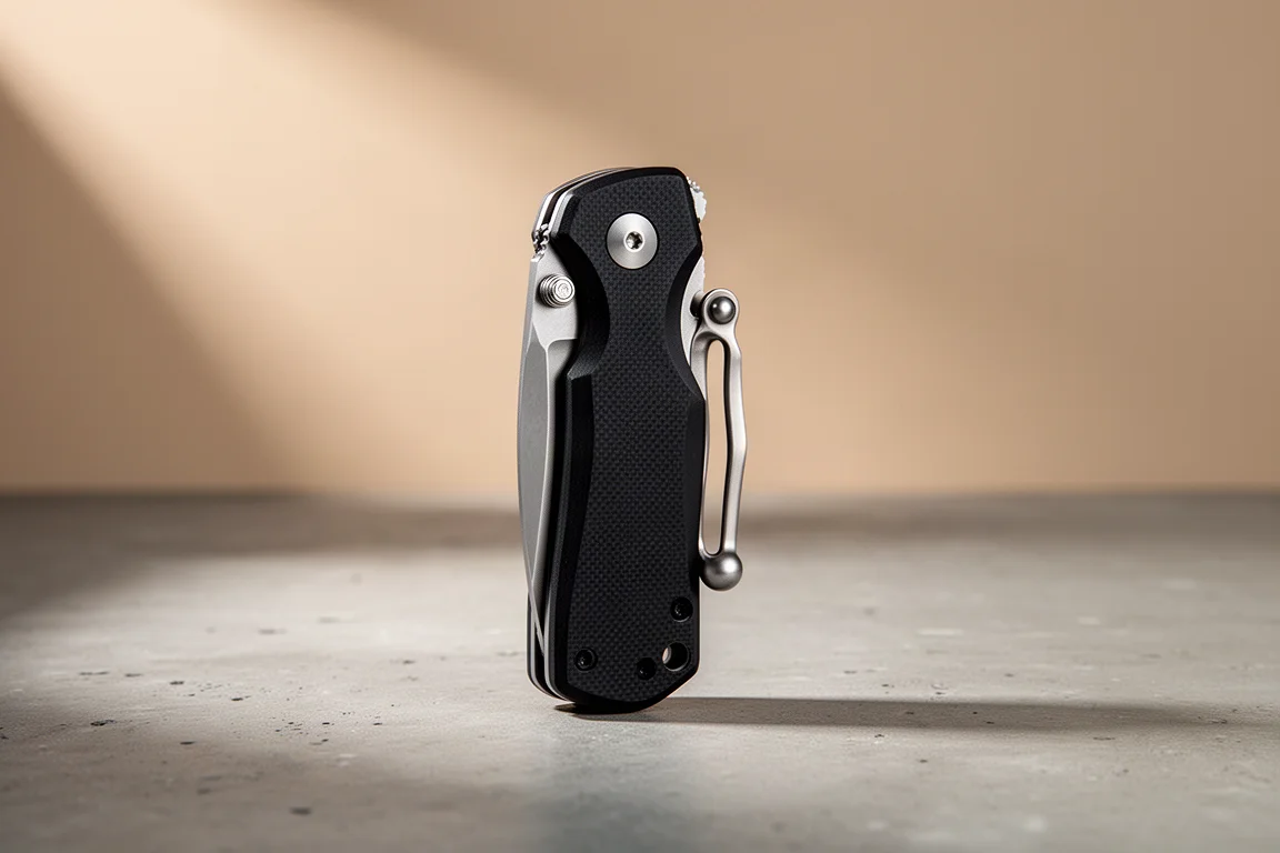 Closed Orion Knives Solaris folding knife with G10 handles and titanium clip on concrete
