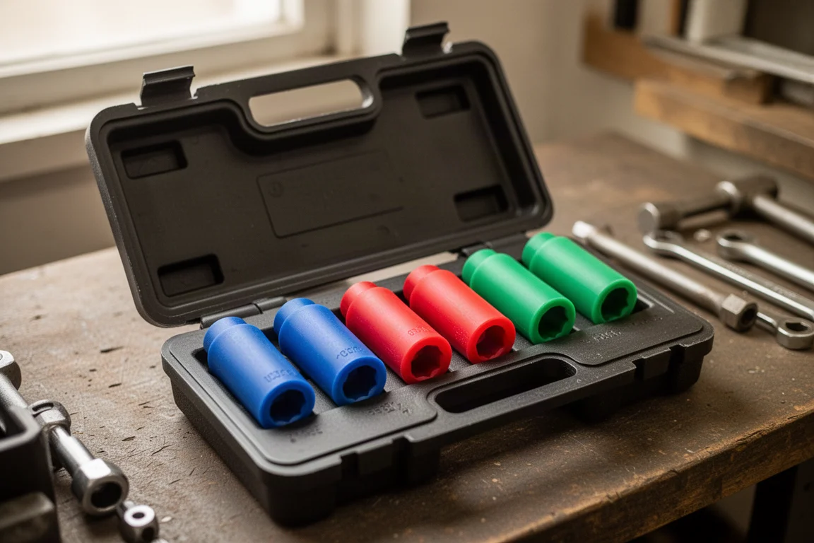 Open hard case with color-coded lug nut sockets lined up in a row