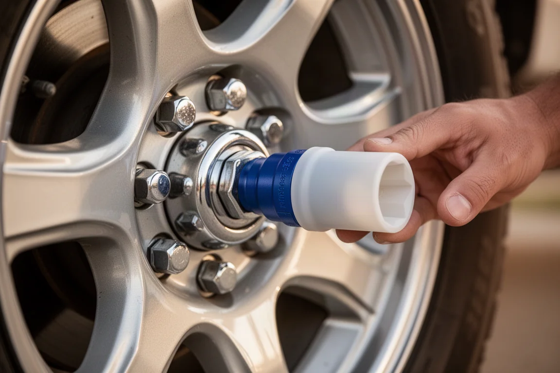 Lug nut socket sliding over a chrome wheel lug without scratching it