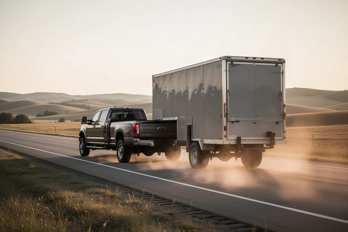 Heavy-duty pickup truck towing a large trailer down an open highway