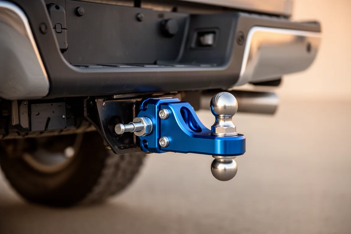 Blue anodized aluminum hitch mounted in a truck receiver with ball visible