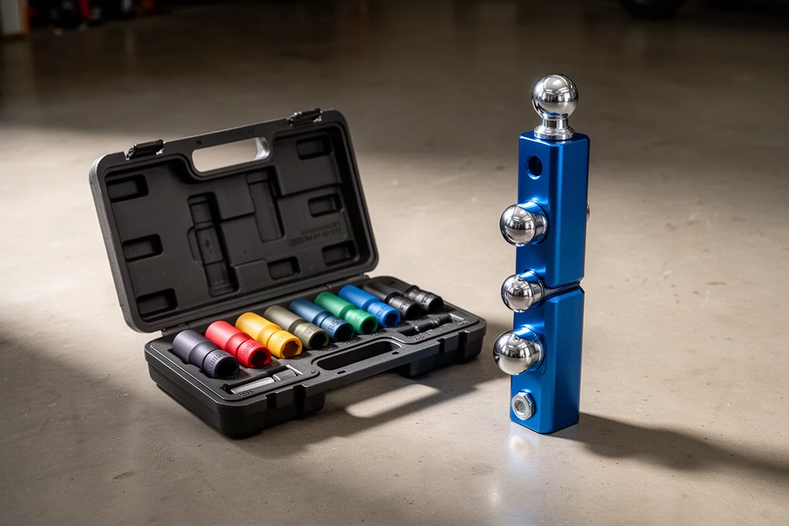 Lug nut socket set in a hard case next to a blue anodized aluminum drop hitch on concrete