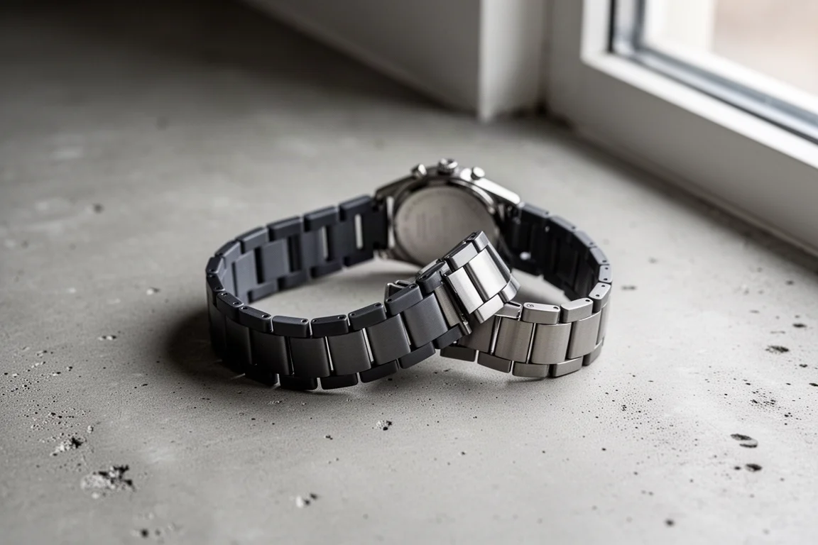 Armbandsklocka med ett löst metalllooks armband vilande på ett skrivbord
