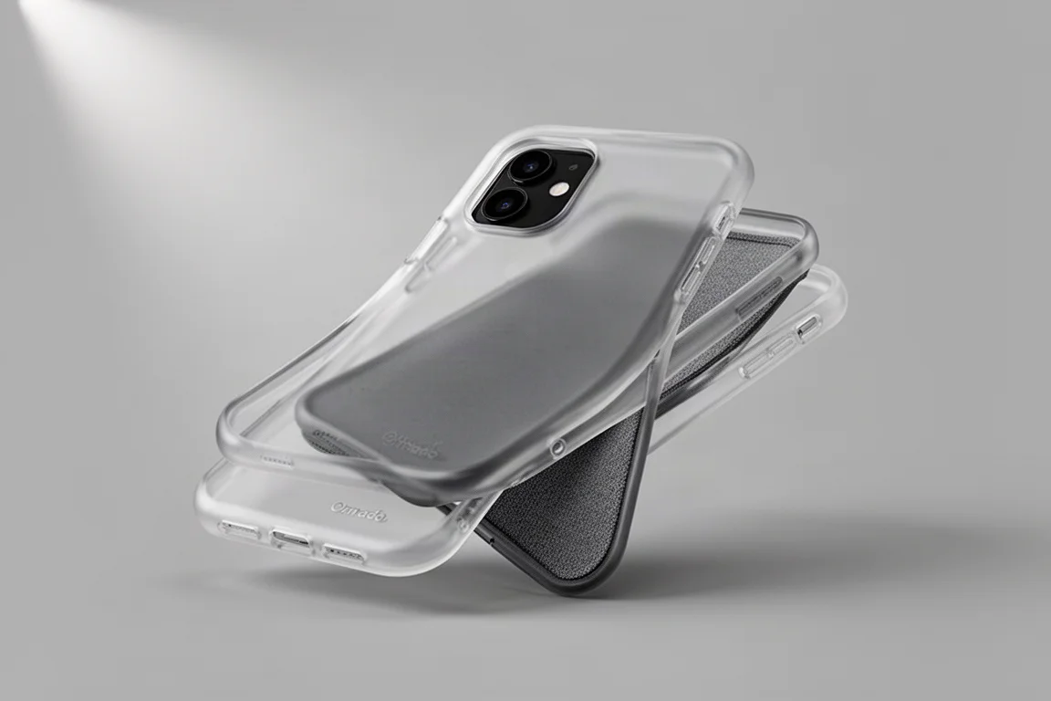 Collection of smartphone cases arranged in a grid on a concrete surface