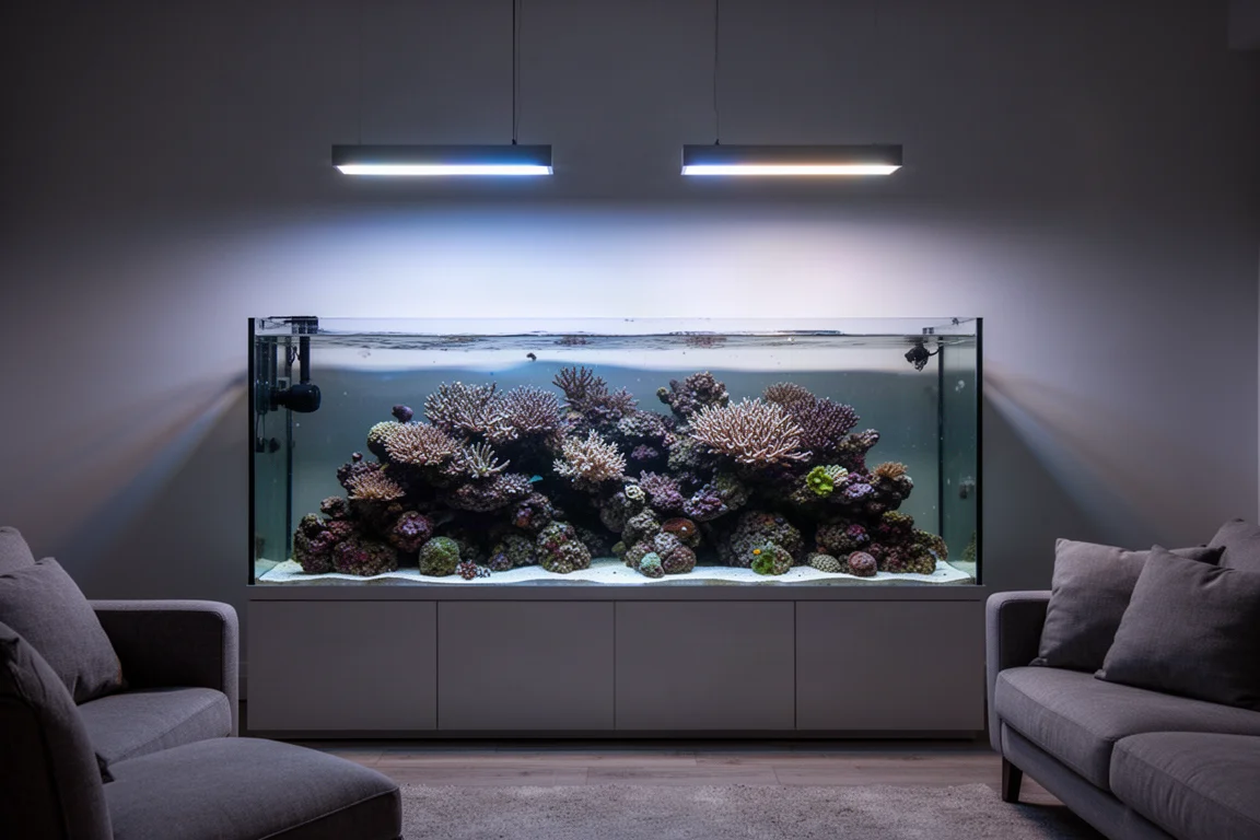 Reef aquarium glowing under overhead LED lighting in a dim living room