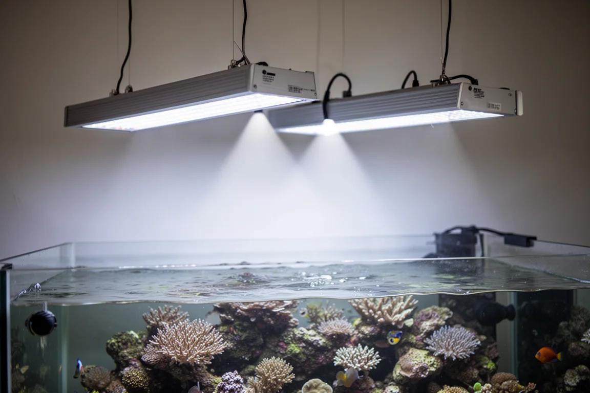 Two long LED fixtures side by side above a large reef tank