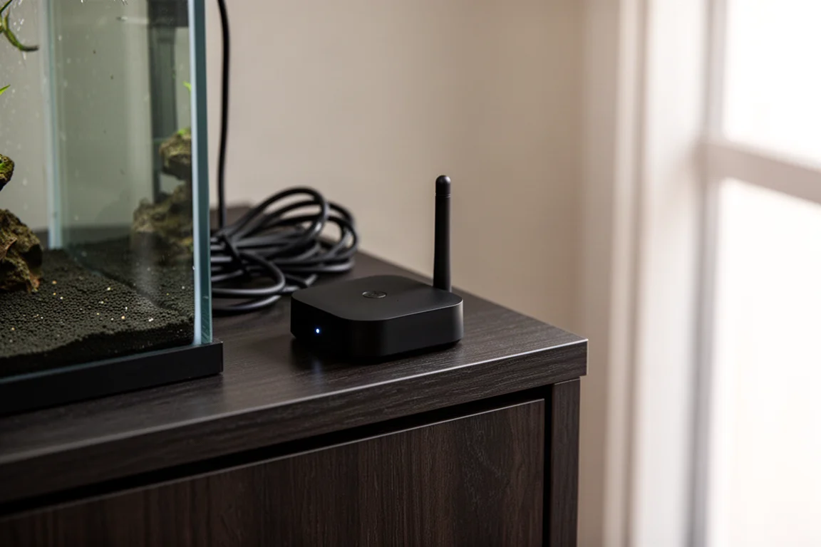 Small control hub with a short antenna resting beside an aquarium cabinet