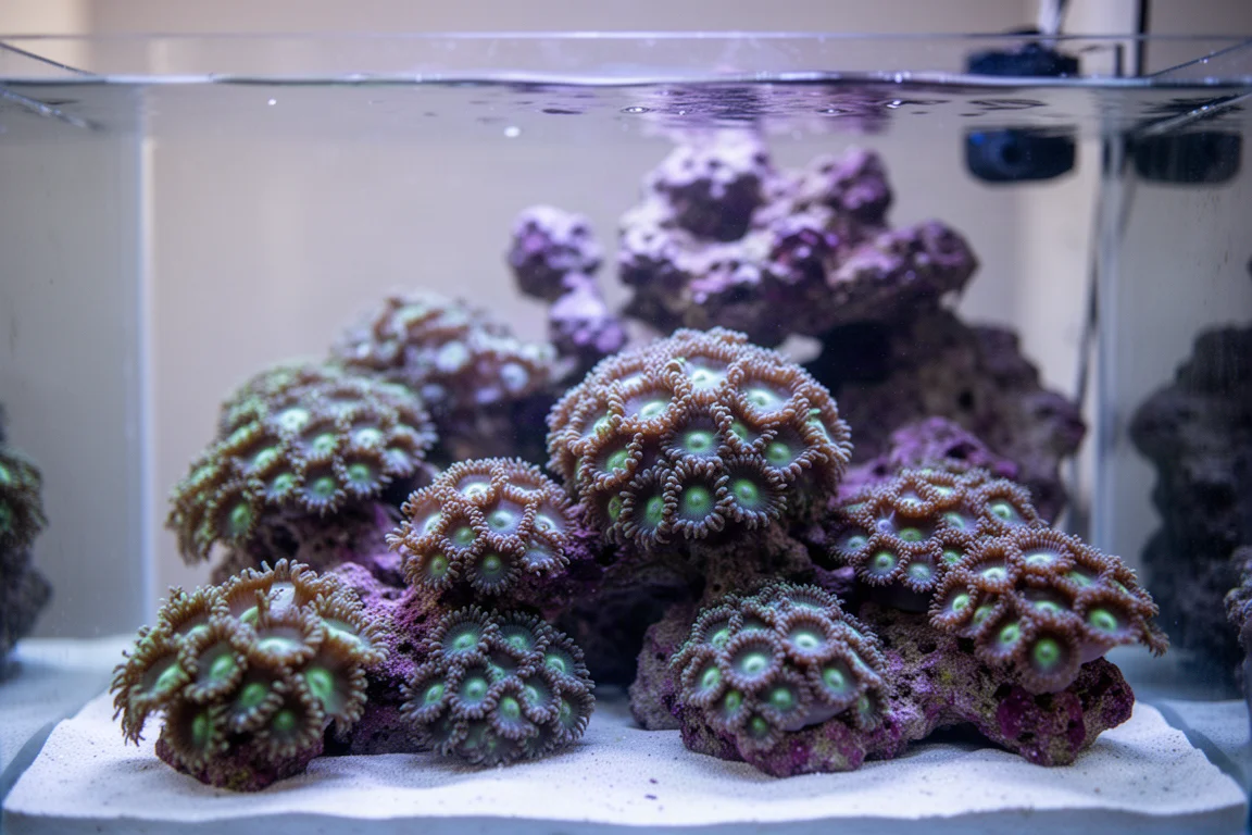Mixed reef tank with LPS coral colonies under even blue and white light