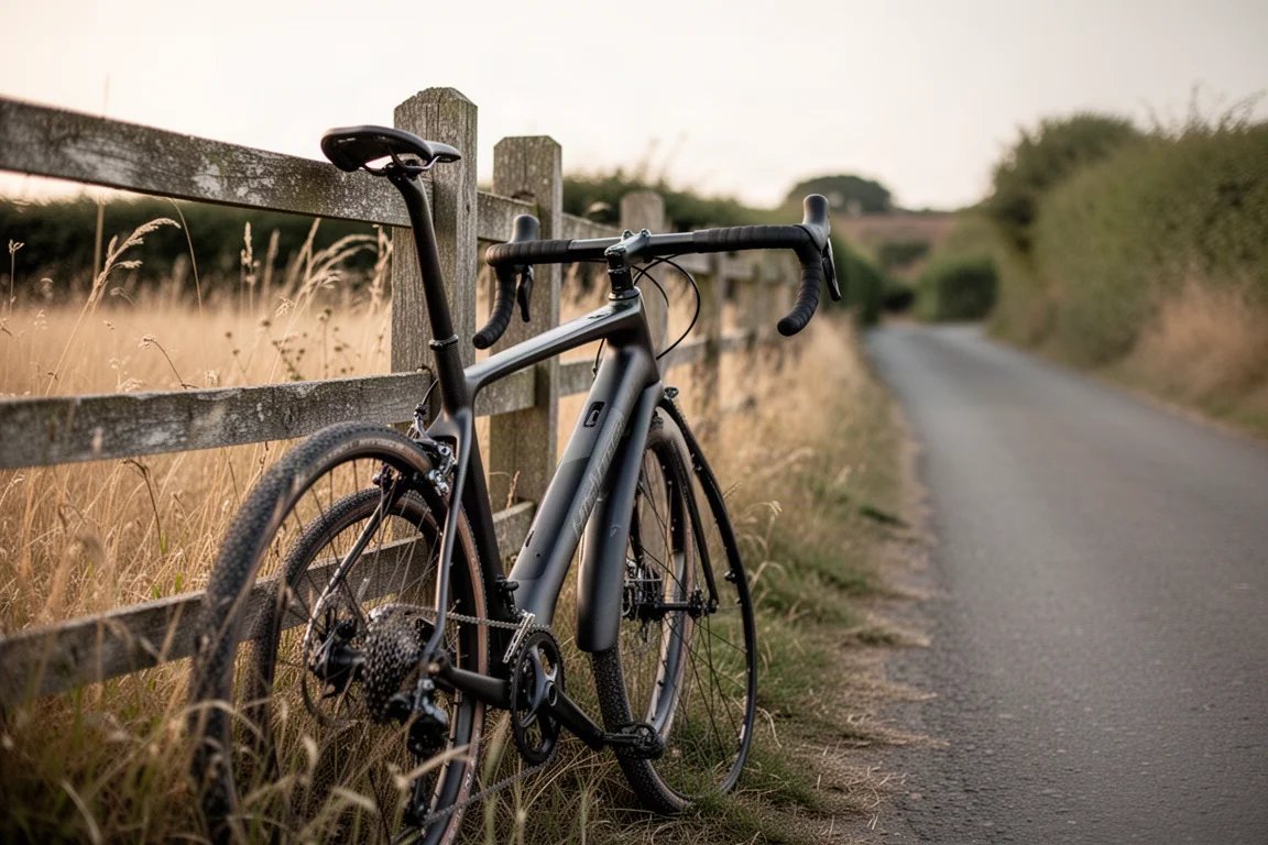 Gravelbike leunend tegen een houten hek langs een landweggetje