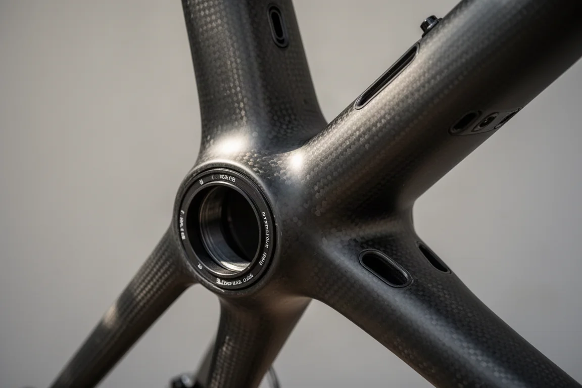 Close-up van een carbon fietsframe rond de trapas en onderbuis
