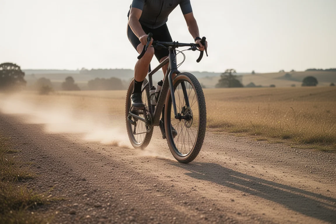Wielrenner op een gravelbike over een gladde, droge gravelweg