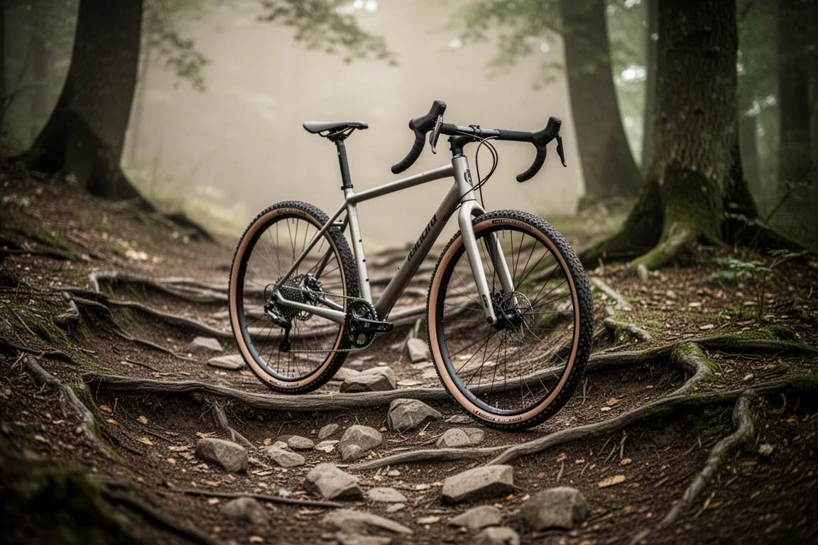 Gravelbike geparkeerd op een modderig, rotsachtig pad in het bos