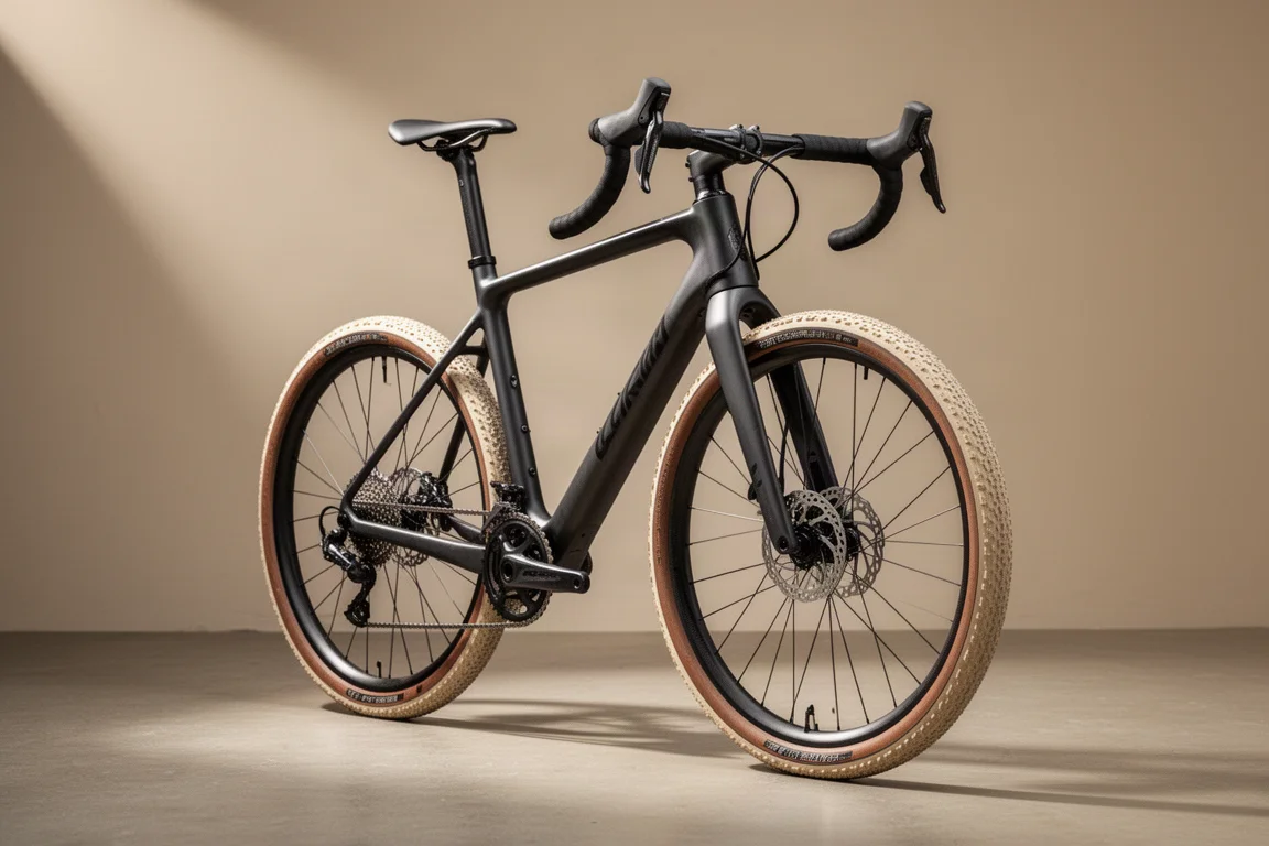 Carbon gravelbike met een verbreed dropstuur en schijfremmen op een betonnen ondergrond