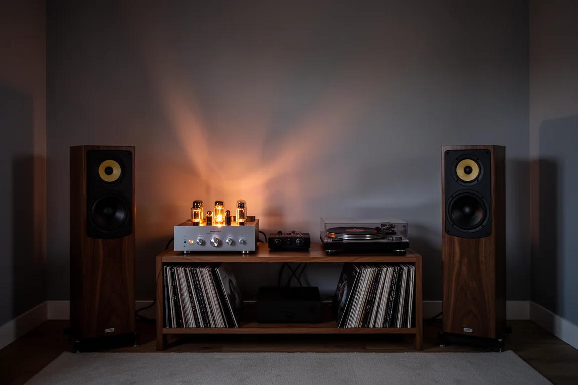 Dimly lit listening room at dusk with speakers and a glowing tube amplifier on a wooden shelf