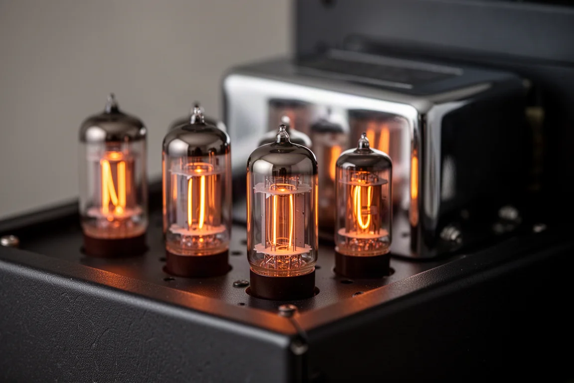 Close-up of glowing vacuum tubes with warm amber light reflecting on a chrome transformer cover