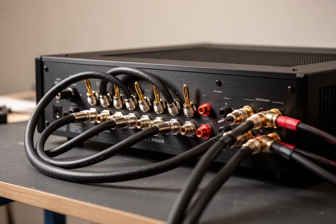 Rear panel detail of a tube amplifier showing speaker binding posts and connected cables