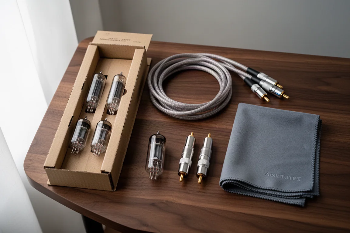 Overhead flat lay of spare vacuum tubes, speaker cables and interconnects on dark wood