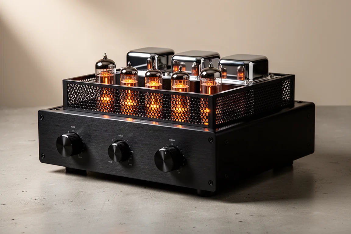 Black tube power amplifier with glowing vacuum tubes and chrome transformer covers